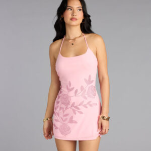 Rose Sparkle Rhinestone A-Line Mini Dress