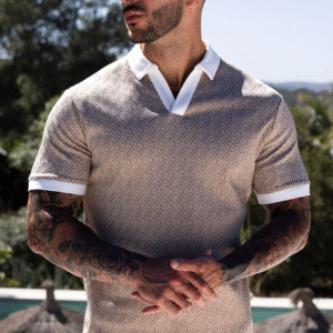 Calvi Swirl Geo Jacquard Slim Polo in Sand